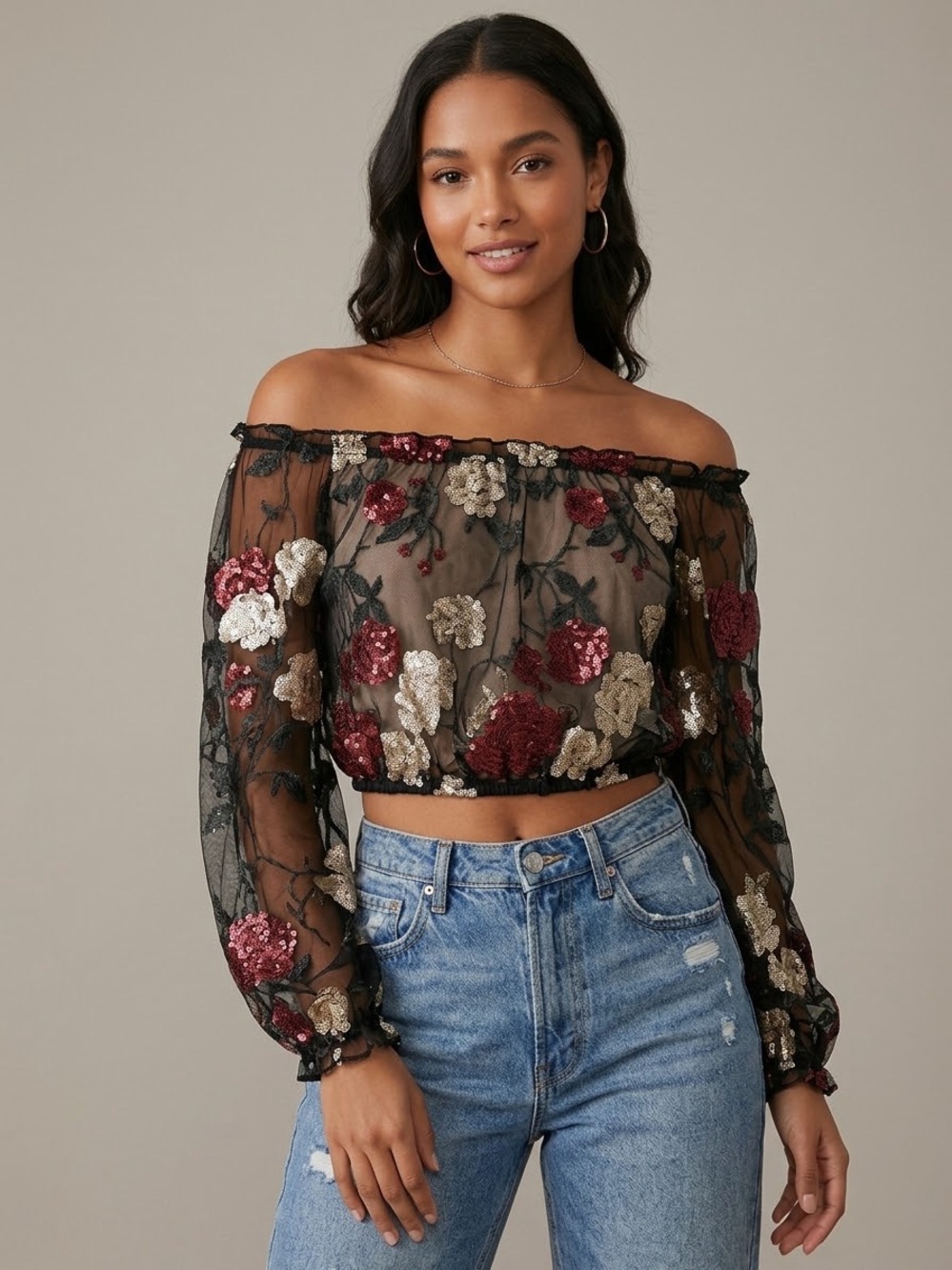 Embroidered Floral Mesh Off-The-Shoulder Crop Top Long Sleeve